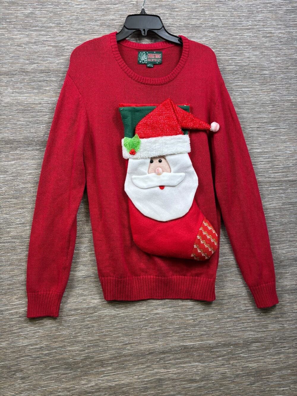 Ugly Christmas Knit Sweater Womens Size XL Red Santa Claus Long Sleeve